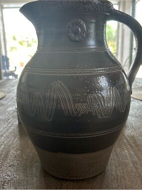 Rowe Pottery Handmade Brown Ceramic Pitcher with Textured Banding 2002